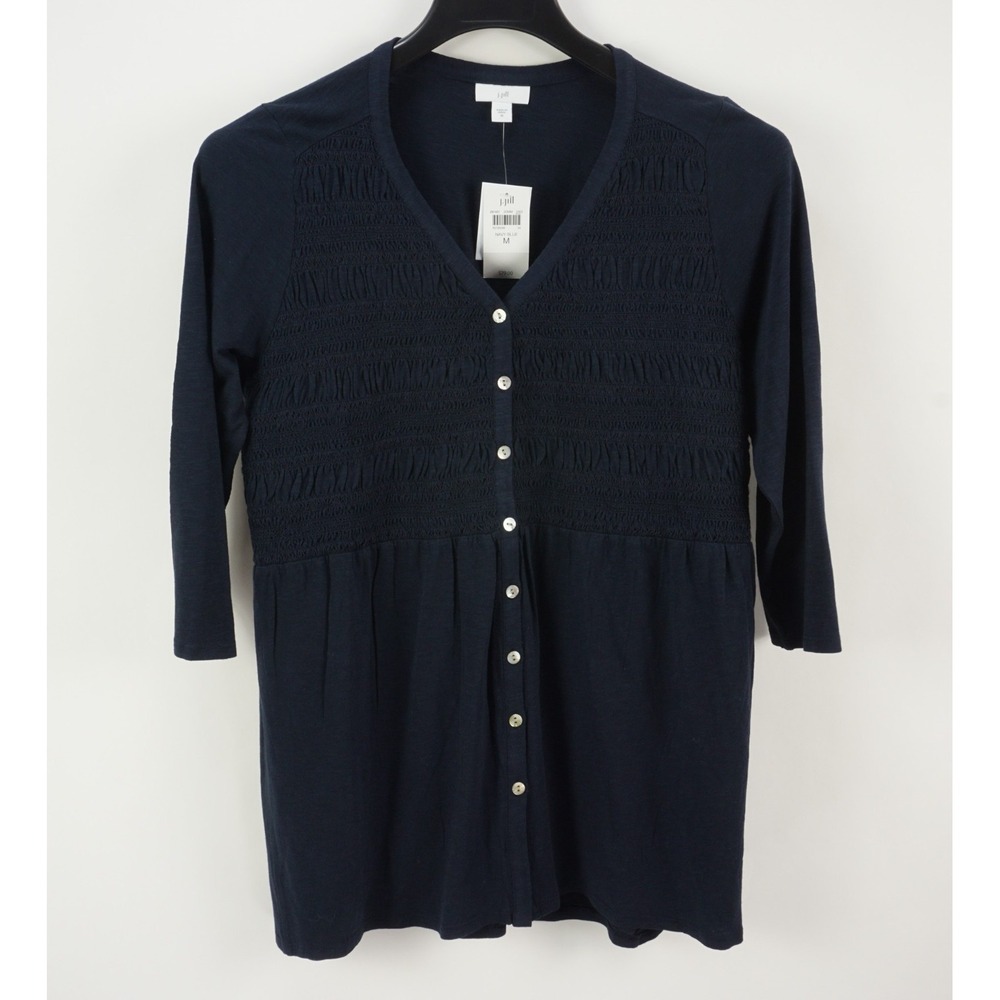 New J. Jill Women's Medium Navy Blue Ruffle Knit V-Neck Button Up 3/4 Sleeve Top